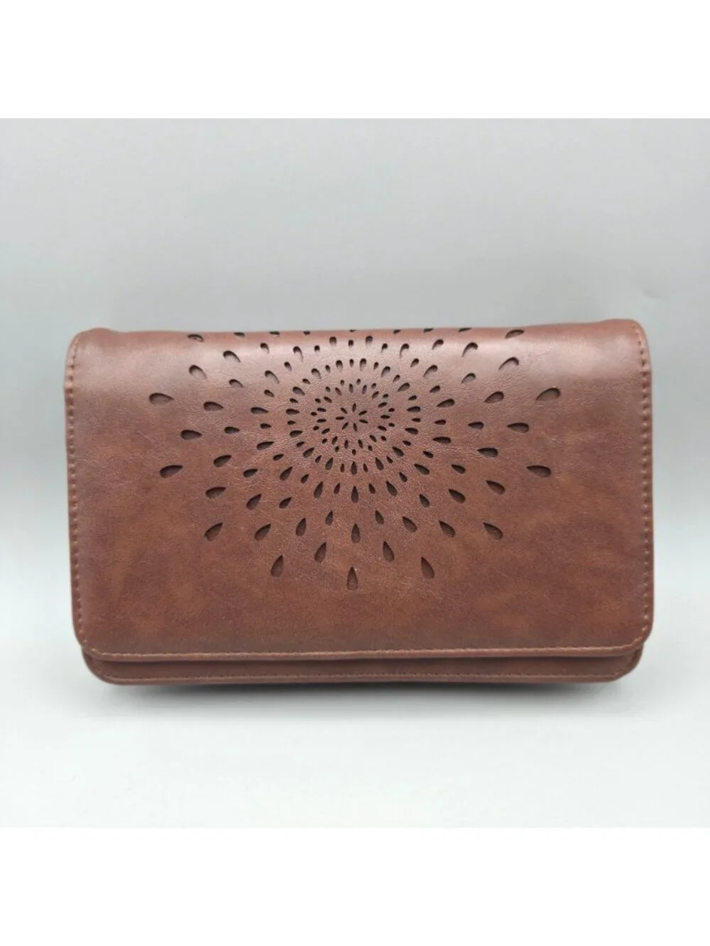Aphison Forever Young Brown Crossbody Wallet Laser Cut Floral Phone Bag NWOT